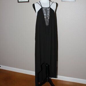 BCBG Womens Danita Dress Black Flowy Asymmetric Fringe Lace Up Bodice Size Med